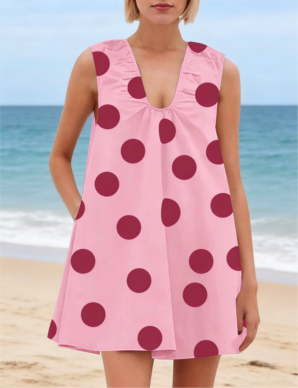Dotted V Neck Mini Dress With Side Pockets - Pink