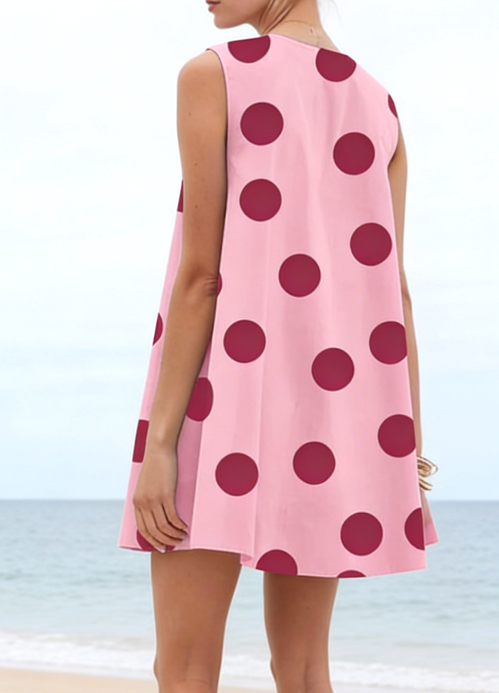 Dotted V Neck Mini Dress With Side Pockets - Pink - 1