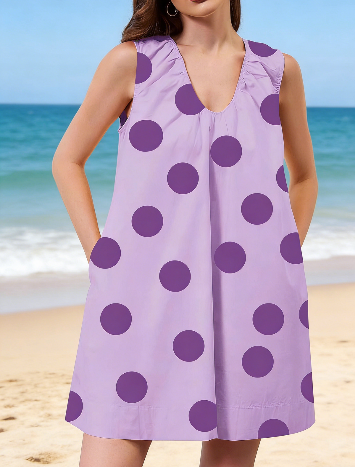 Dotted V Neck Mini Dress With Side Pockets - Purple