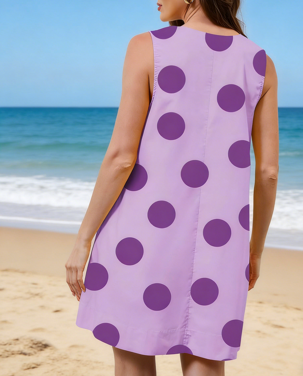Dotted V Neck Mini Dress With Side Pockets - Purple - 1