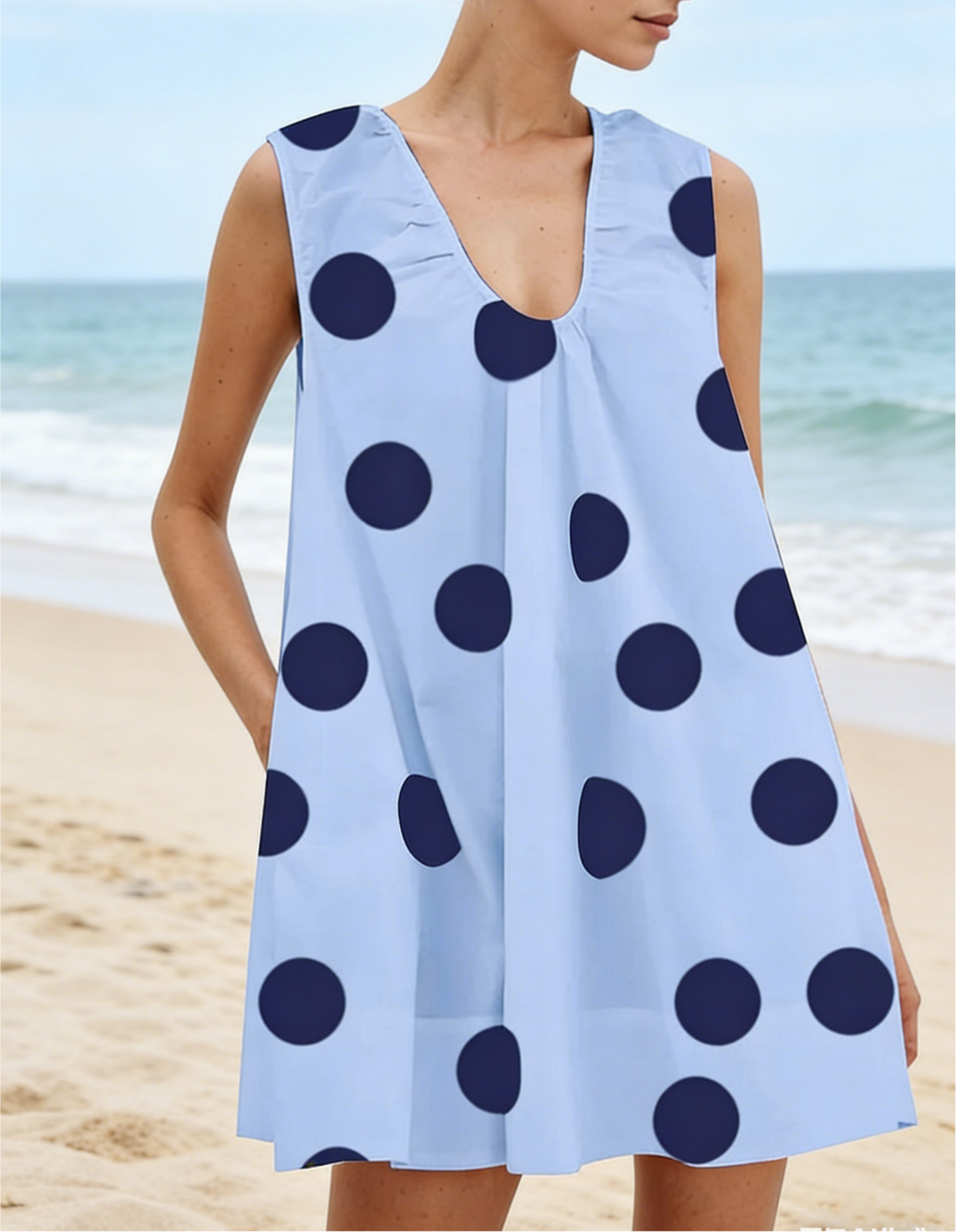 Dotted V Neck Mini Dress With Side Pockets - SkyBlue