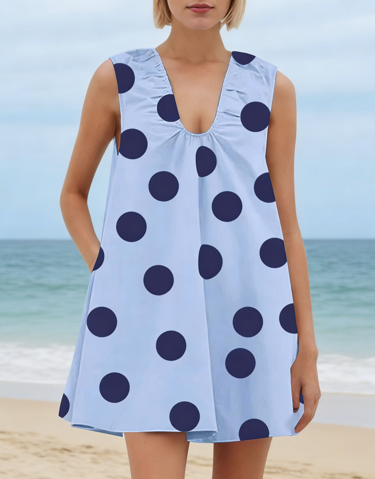 Dotted V Neck Mini Dress With Side Pockets - SkyBlue - 1