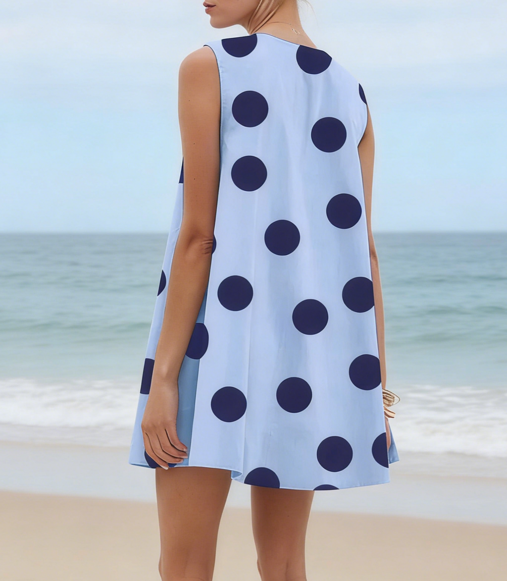 Dotted V Neck Mini Dress With Side Pockets - SkyBlue - 2