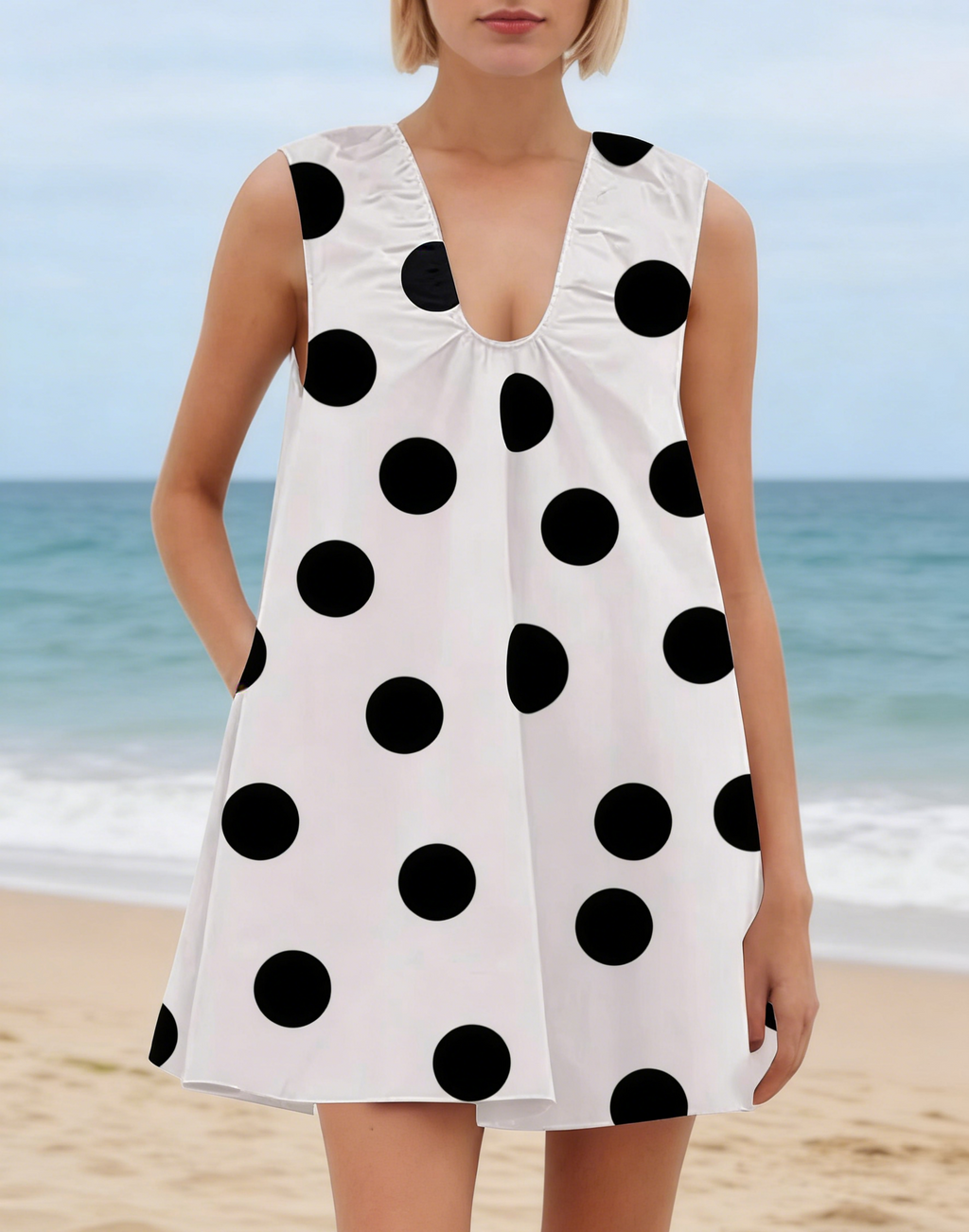 Dotted V Neck Mini Dress With Side Pockets - White