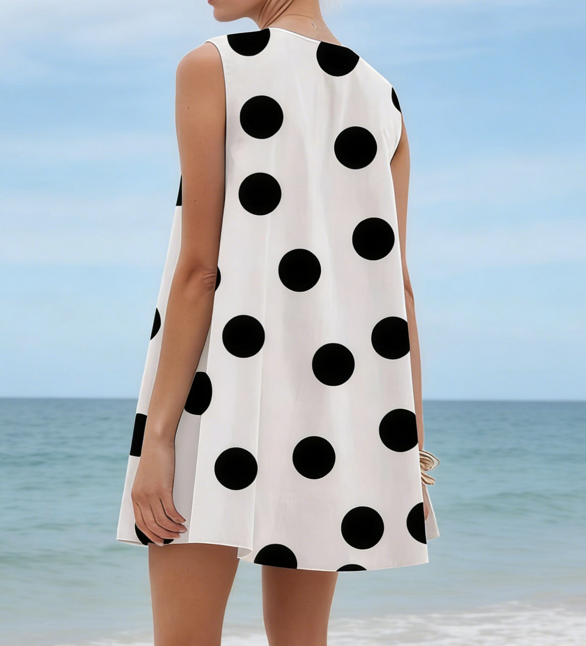 Dotted V Neck Mini Dress With Side Pockets - White - 1