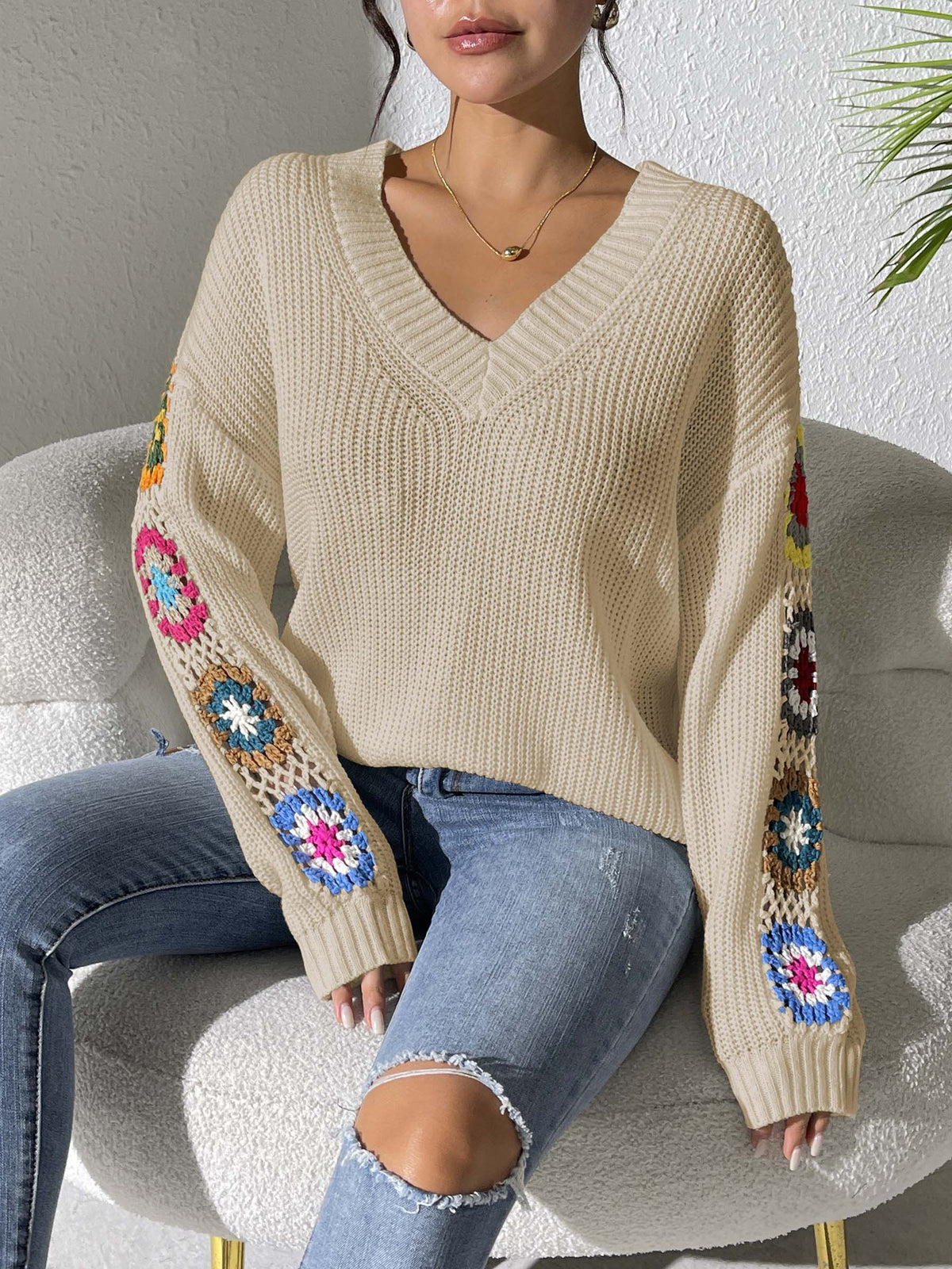 Granny Square Crochet Sleeve V Neck Sweater - Beige - 1