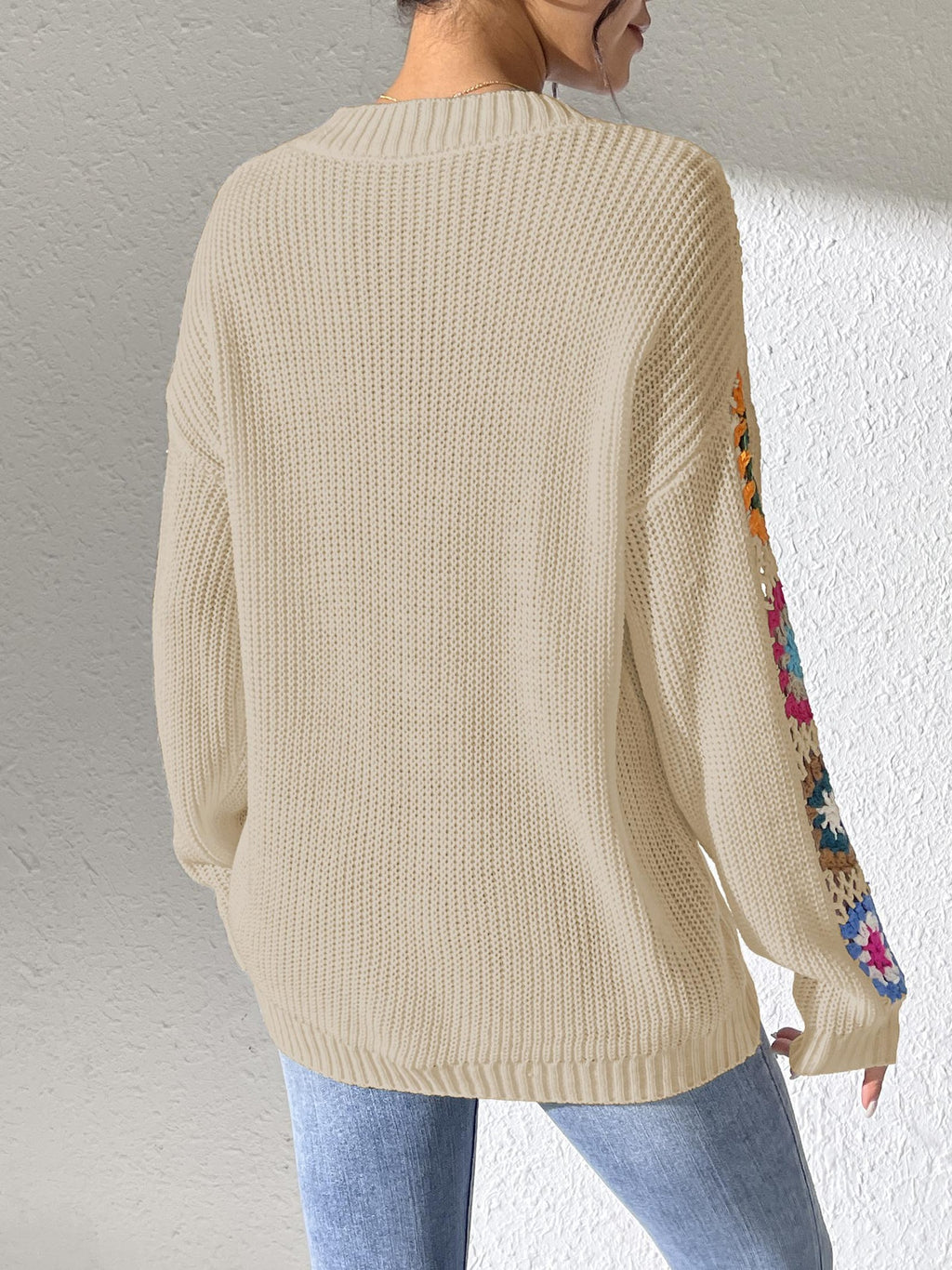 Granny Square Crochet Sleeve V Neck Sweater - Beige - 2