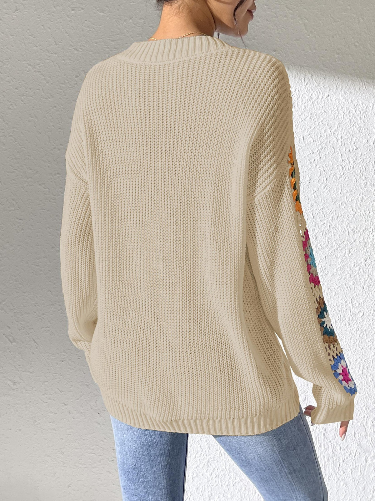 Granny Square Crochet Sleeve V Neck Sweater - Beige - 2