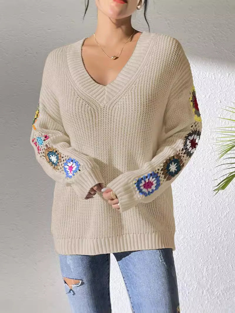 Granny Square Crochet Sleeve V Neck Sweater - Beige - 3