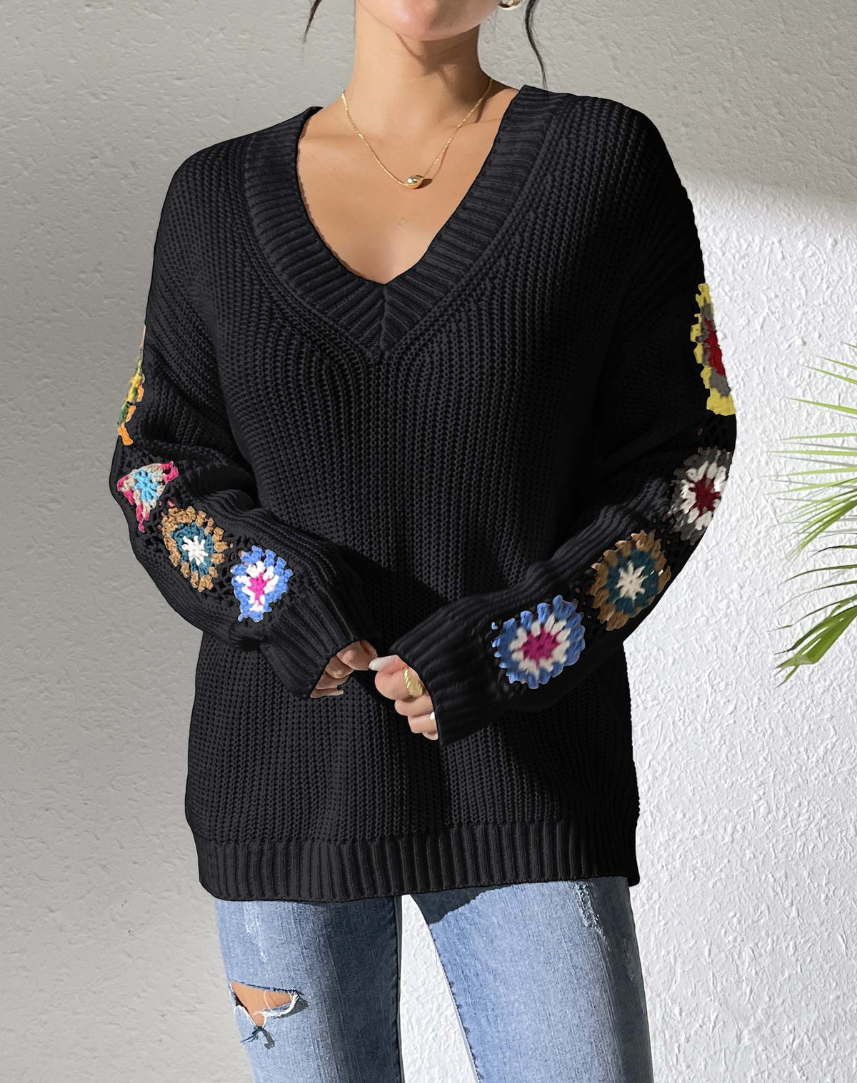 Granny Square Crochet Sleeve V Neck Sweater - Black