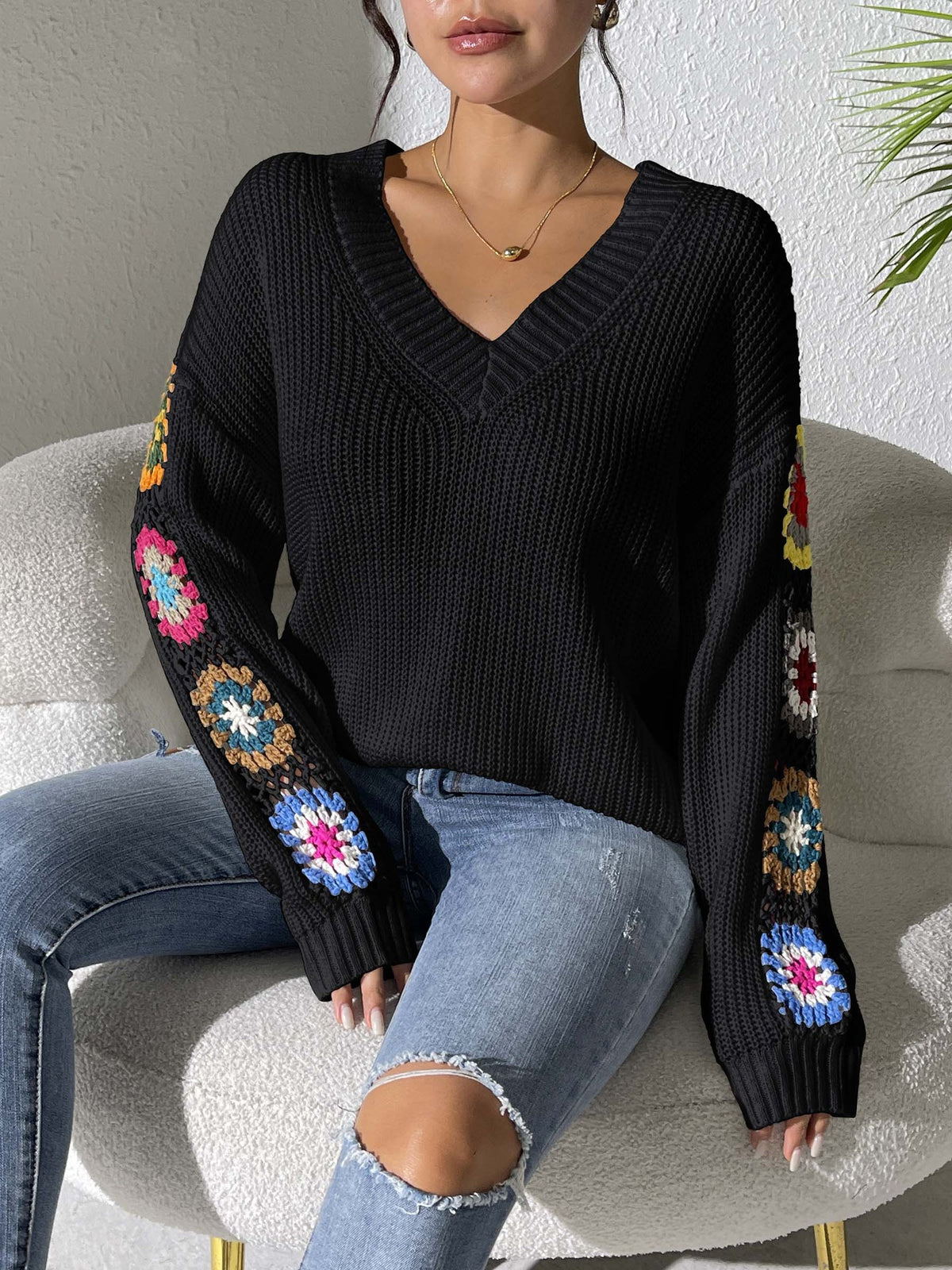 Granny Square Crochet Sleeve V Neck Sweater - Black - 2