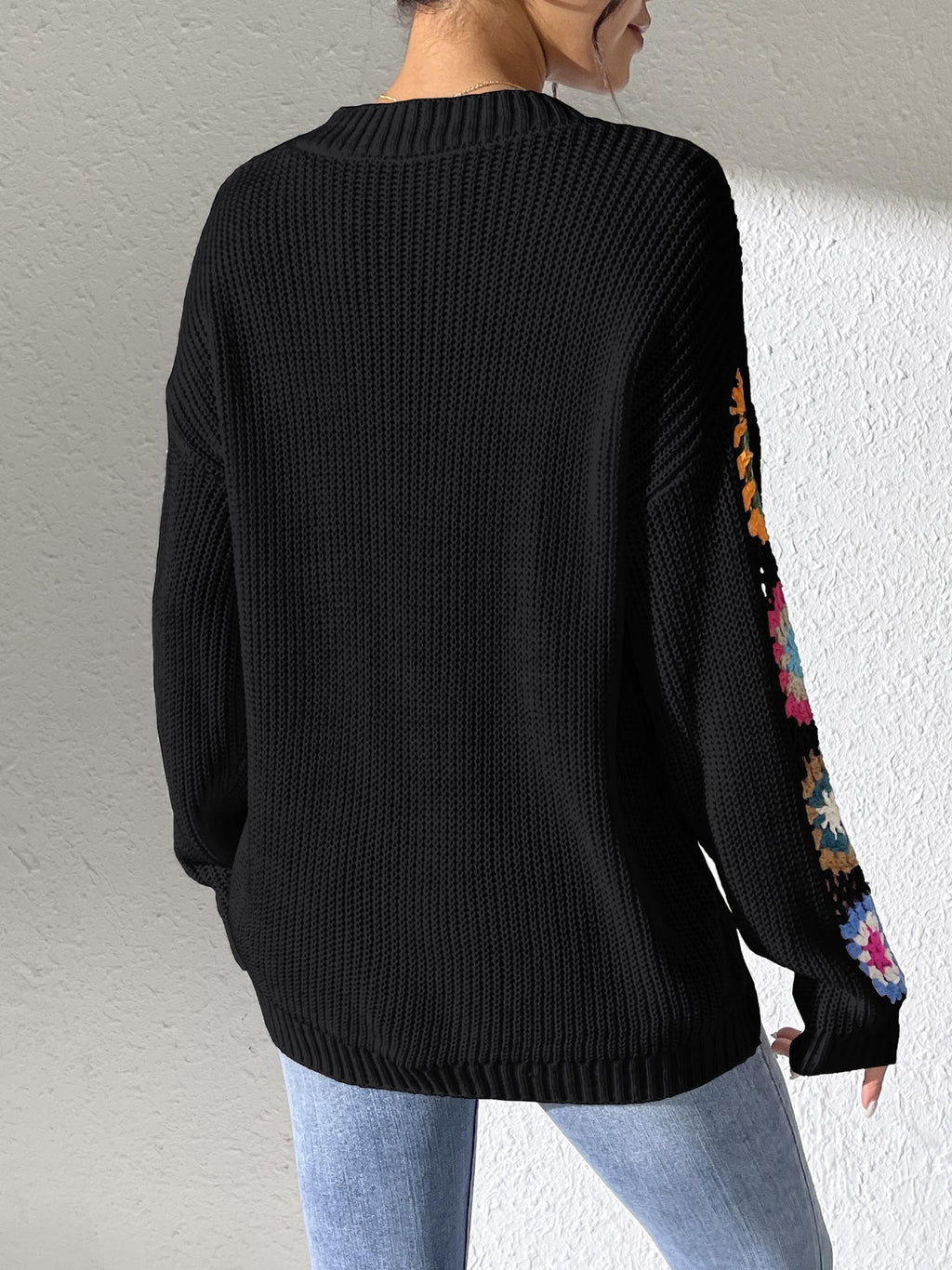 Granny Square Crochet Sleeve V Neck Sweater - Black - 3