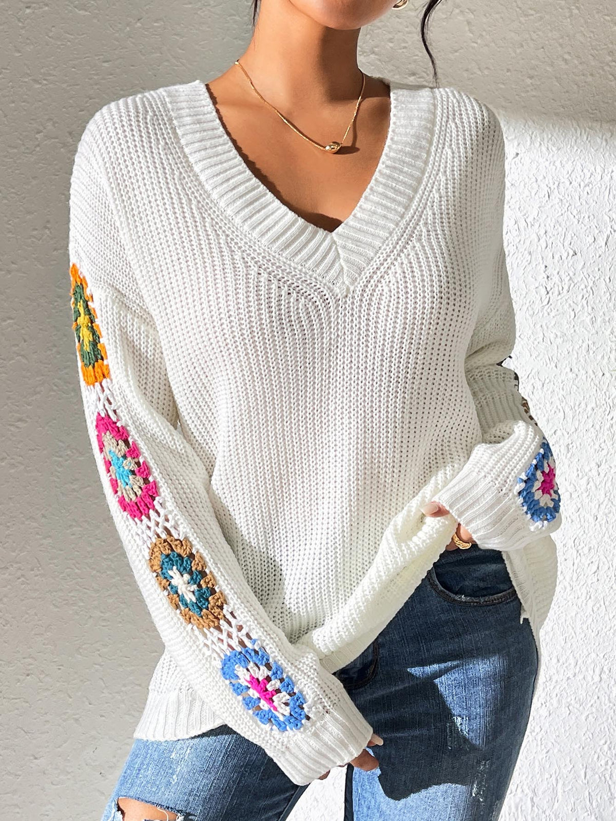 Granny Square Crochet Sleeve V Neck Sweater - White