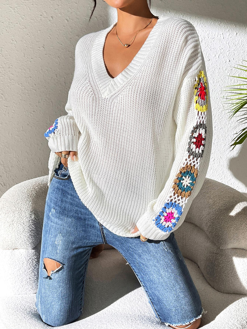 Granny Square Crochet Sleeve V Neck Sweater - White - 6
