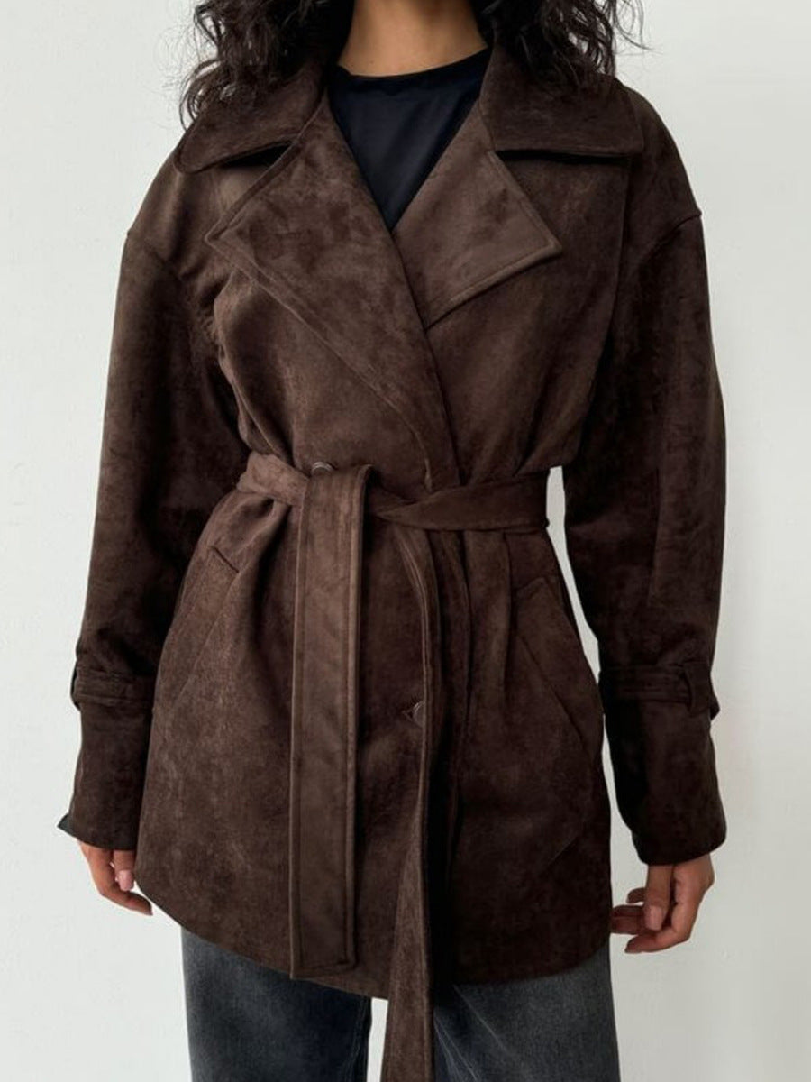 Belted Faux Suede Short Trench Coat - Brown
