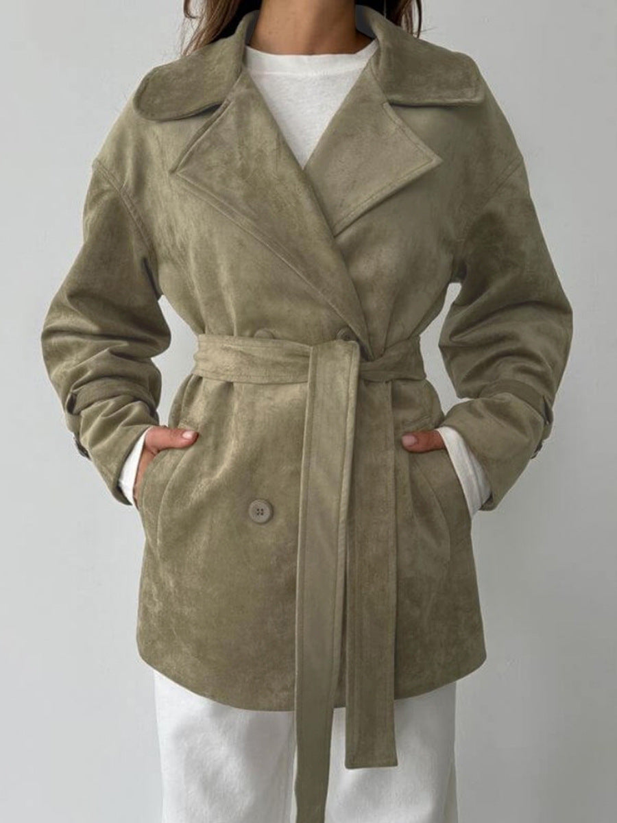 Belted Faux Suede Short Trench Coat - Khaki