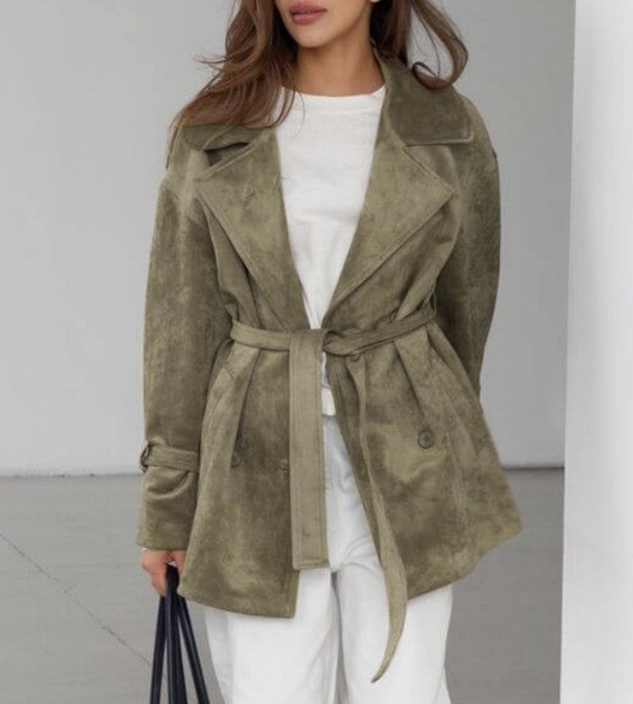 Belted Faux Suede Short Trench Coat