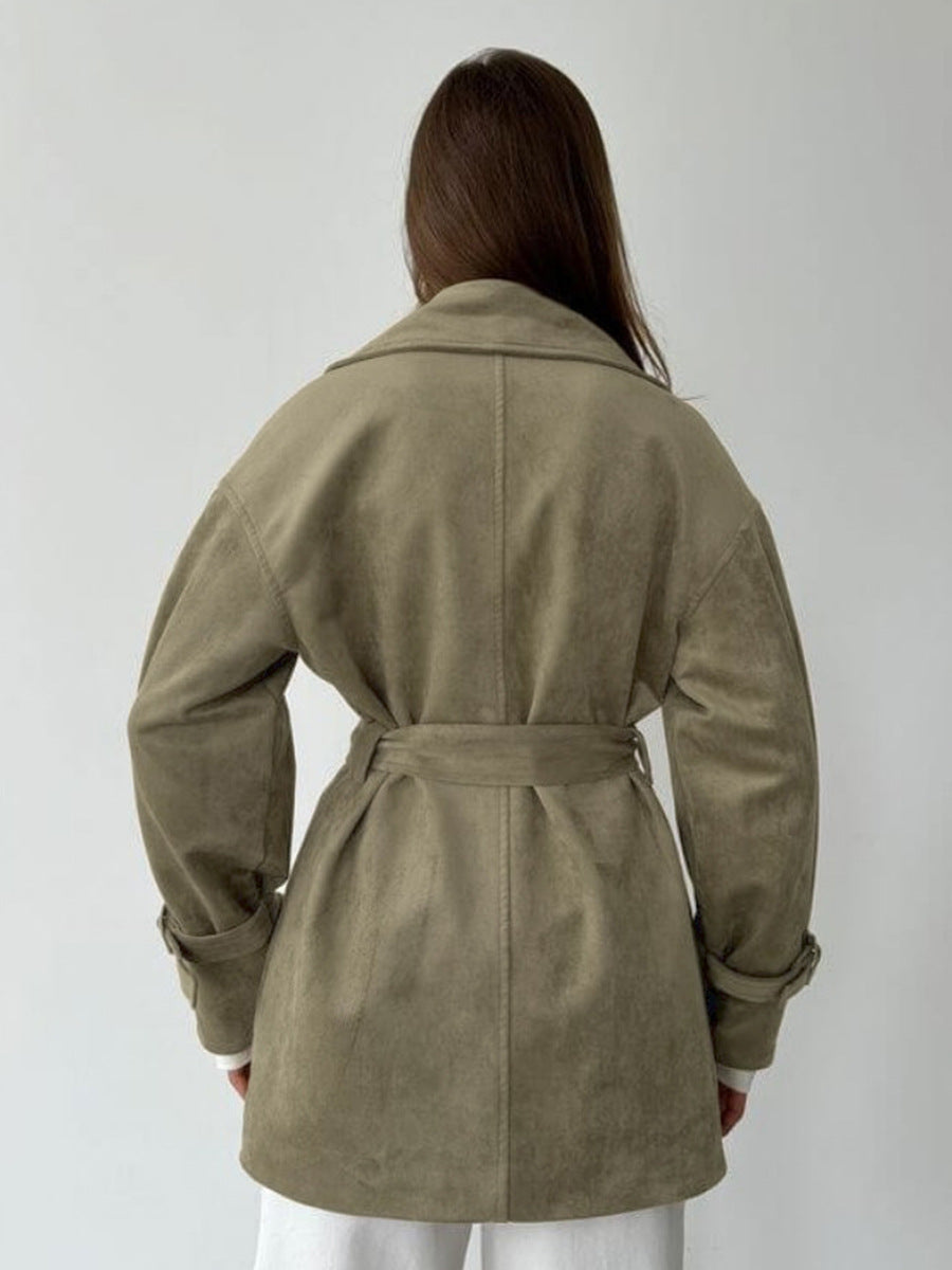 Belted Faux Suede Short Trench Coat - view 1