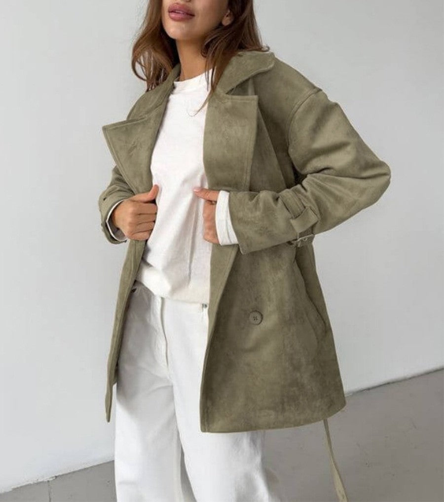 Belted Faux Suede Short Trench Coat - view 2