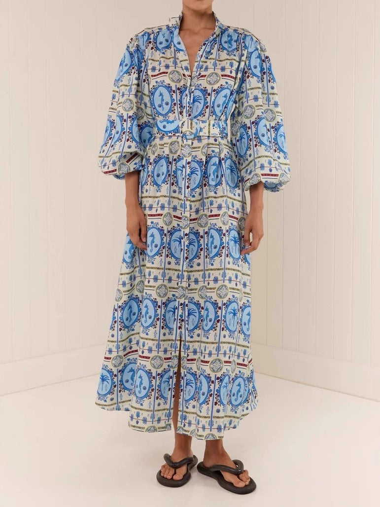 Tiled Print Balloon Sleeve Maxi Shirt Dress - Blue