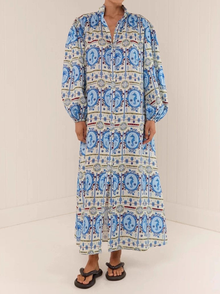 Tiled Print Balloon Sleeve Maxi Shirt Dress - Blue - 1