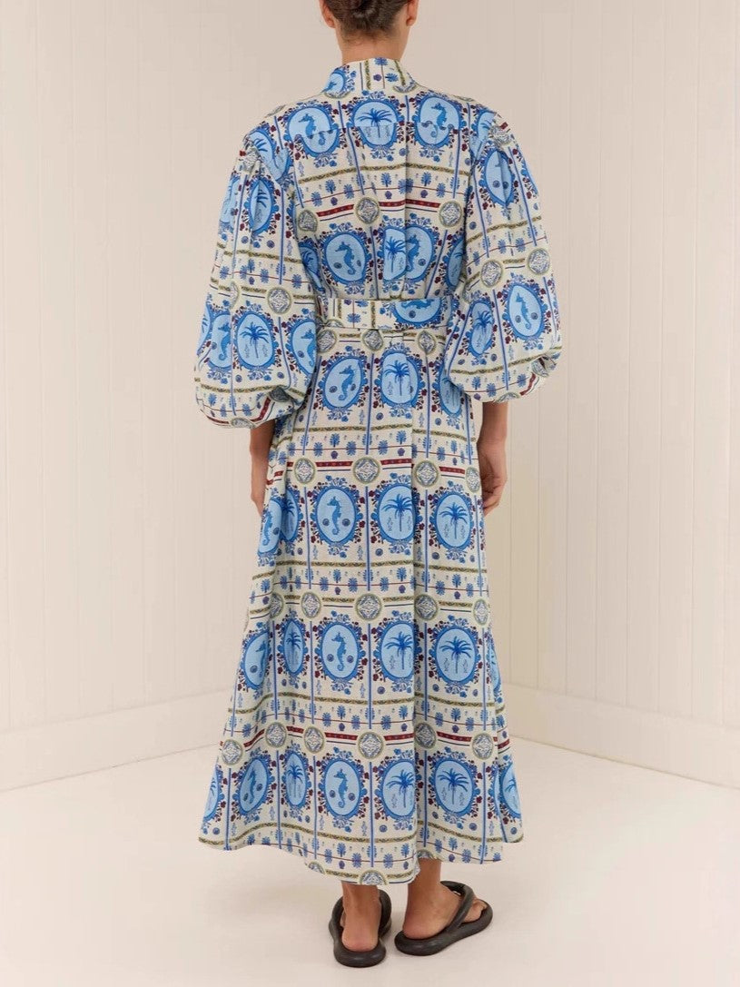 Tiled Print Balloon Sleeve Maxi Shirt Dress - Blue - 2