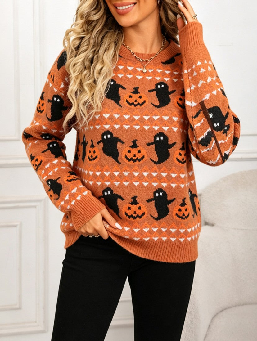 Spooky Ghost Crewneck Sweater For Halloween - Orange