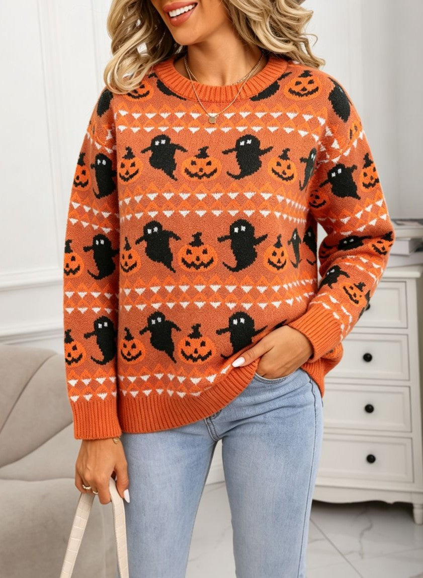 Spooky Ghost Crewneck Sweater For Halloween - Orange - 3