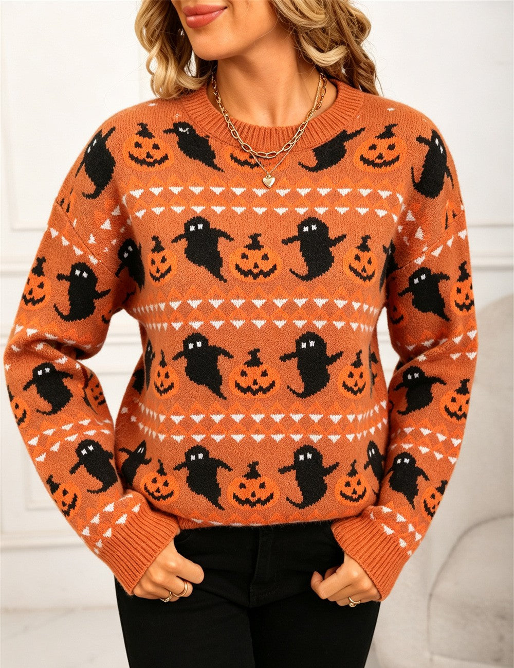 Spooky Ghost Crewneck Sweater For Halloween - Orange - 4