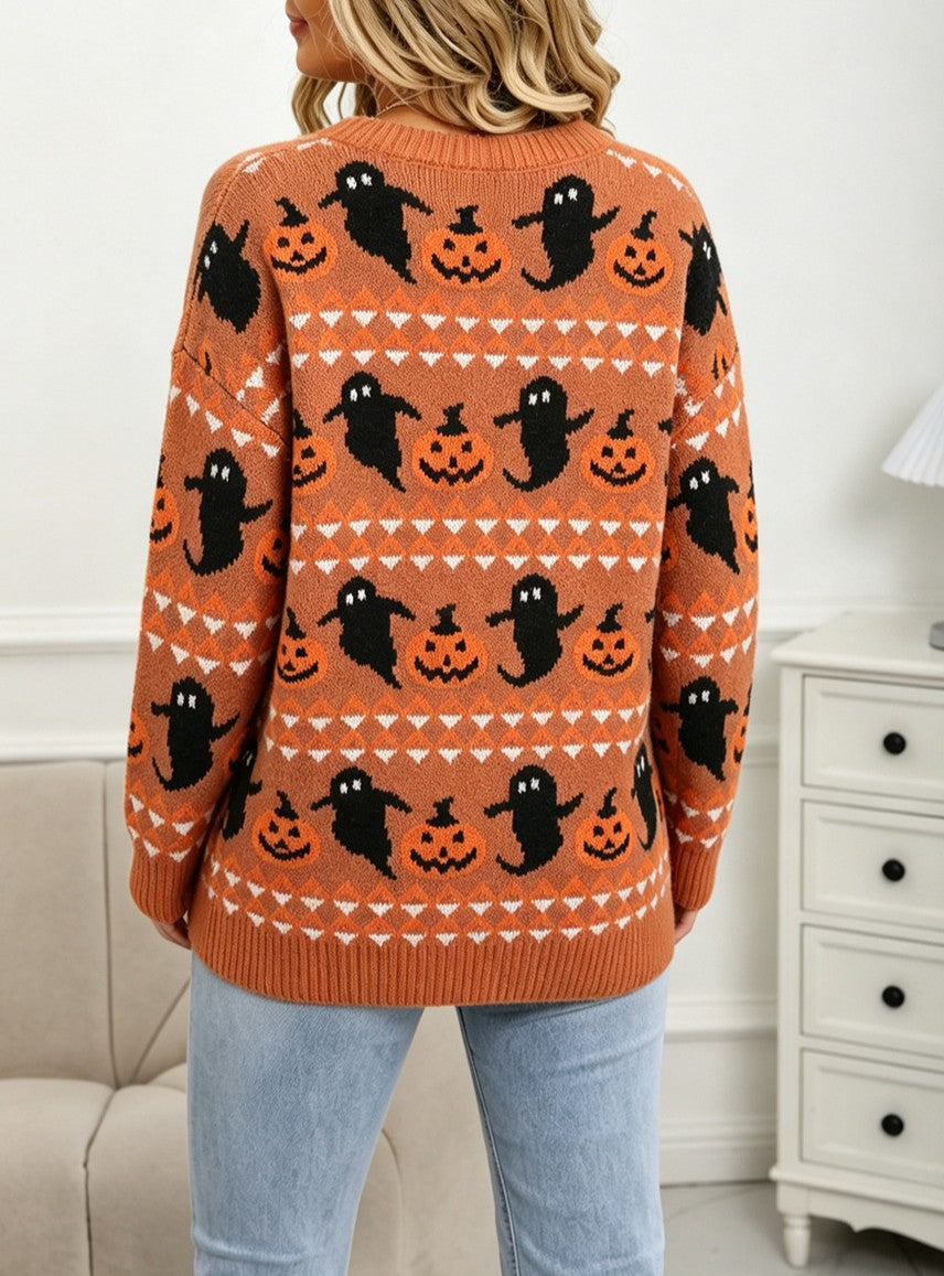 Spooky Ghost Crewneck Sweater For Halloween - Orange - 5