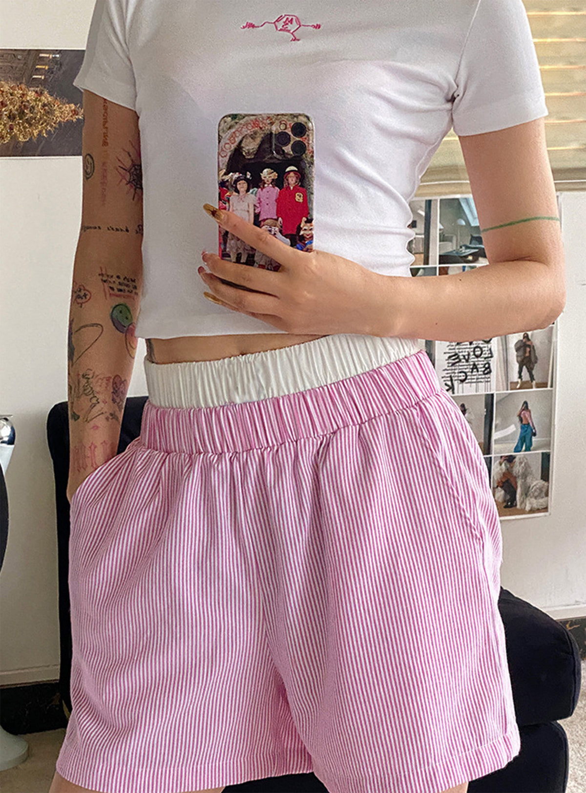 Contrast Waistband Striped Boxer Shorts - Pink - 1
