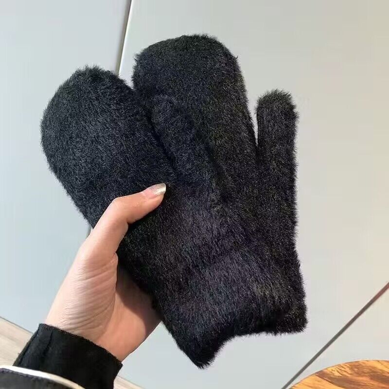 Soft Plush Winter Mitten Gloves - Black