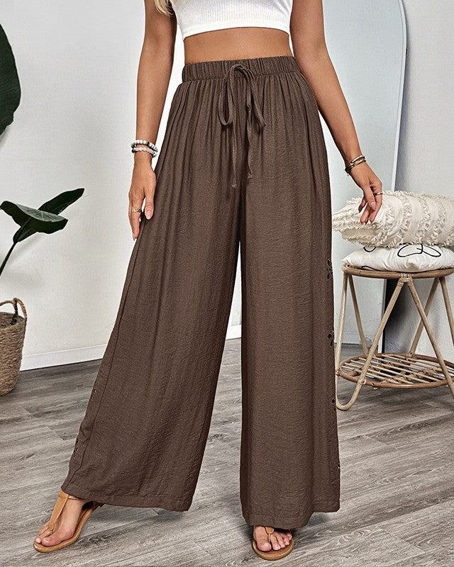 Embroidered Eyelet Wide Leg Palazzo Pants - Brown
