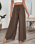 Embroidered Eyelet Wide Leg Palazzo Pants - Brown