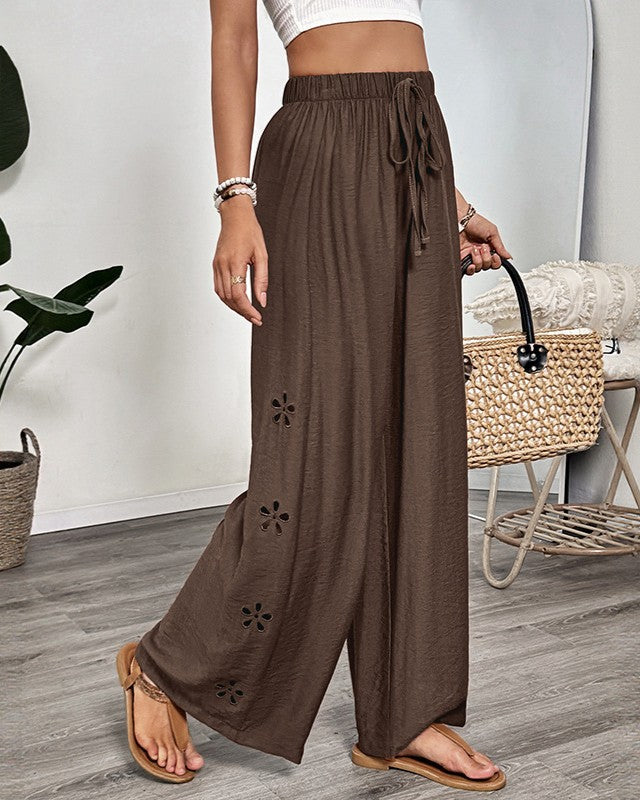 Embroidered Eyelet Wide Leg Palazzo Pants - Brown - 1