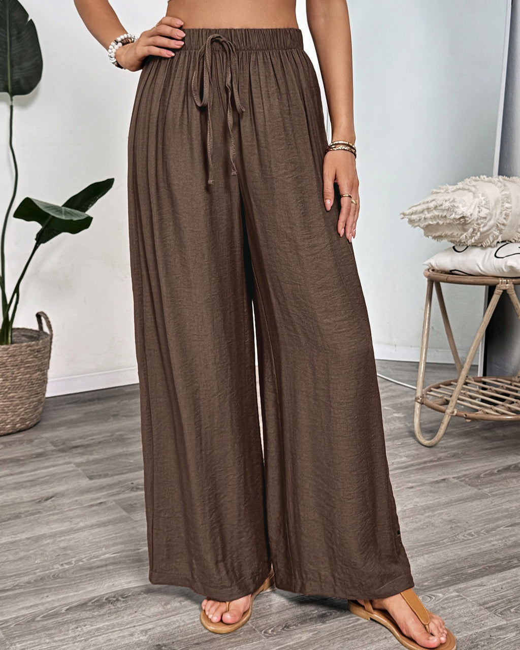 Embroidered Eyelet Wide Leg Palazzo Pants - Brown - 2