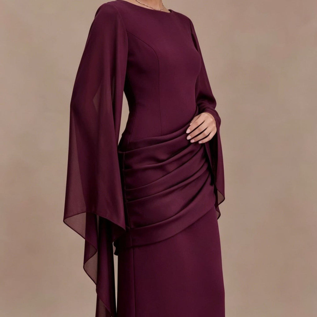 Wine Chiffon Cape Sleeve Ruched Maxi Gown