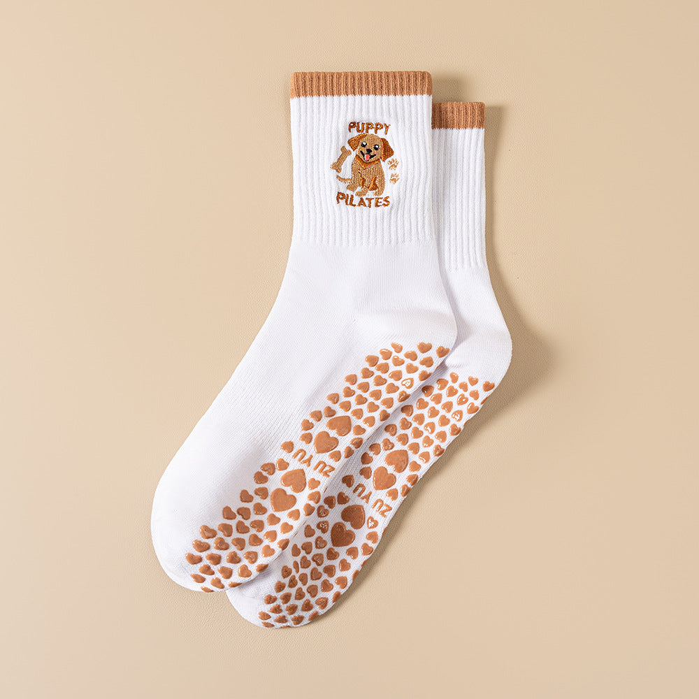 Cartoon Dog Ribbed Crew Grip Socks - Coffee