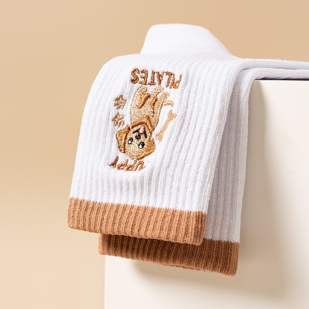 Cartoon Dog Ribbed Crew Grip Socks - Coffee - 1