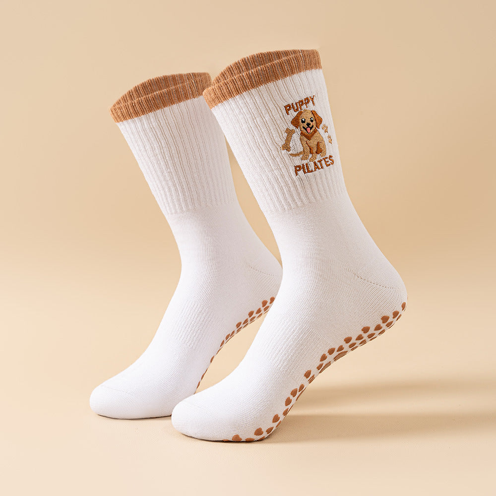 Cartoon Dog Ribbed Crew Grip Socks - Coffee - 2