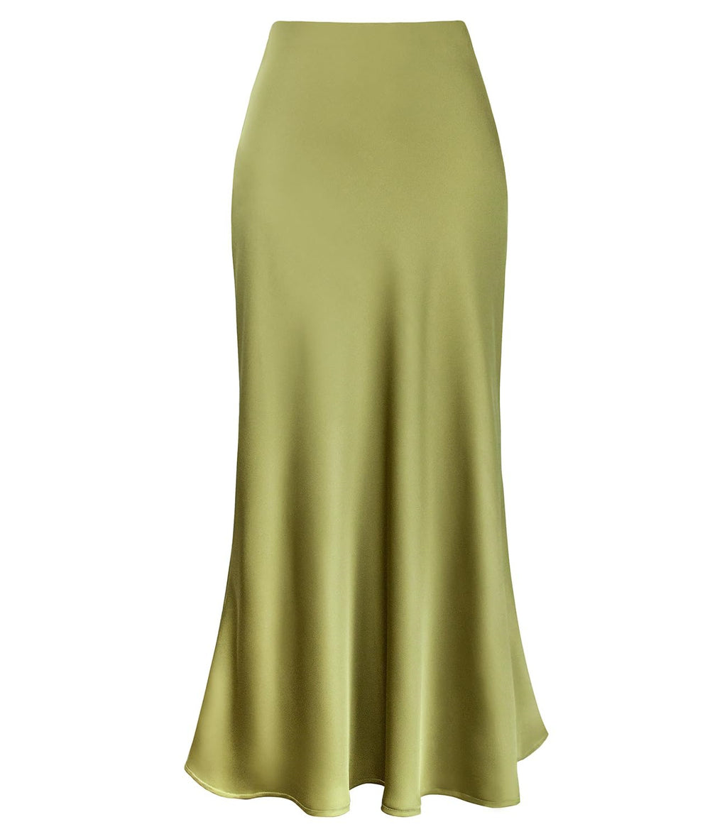 Bias Cut Satin Slip Maxi Skirt - Grass