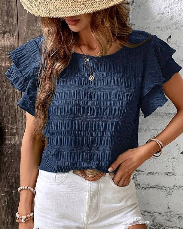 Tiered Ruffle Sleeve Textured Boxy Top - Blue - 1