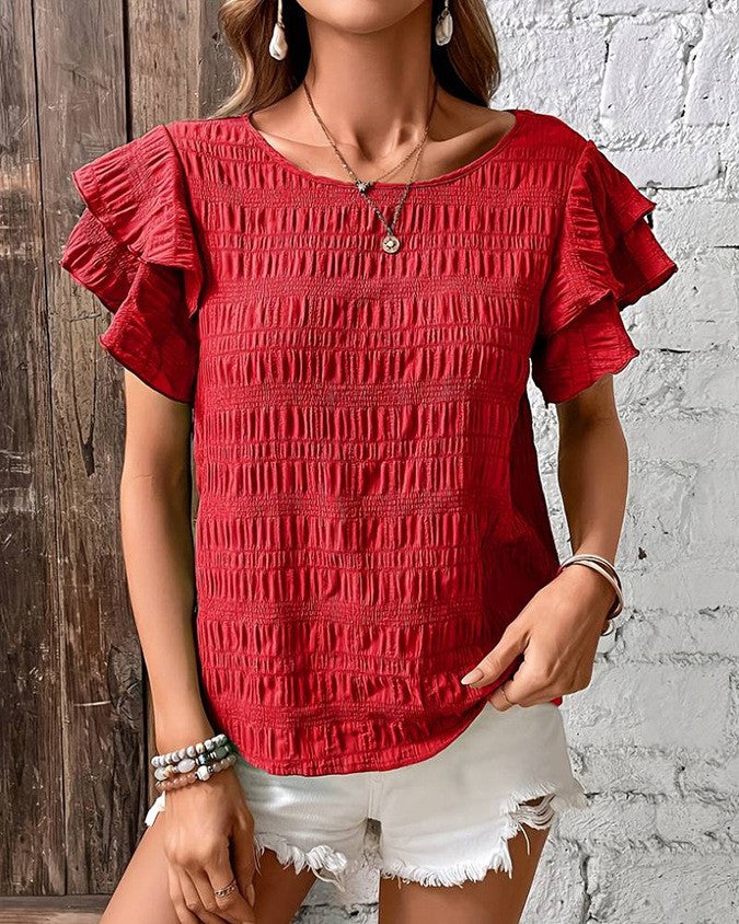 Tiered Ruffle Sleeve Textured Boxy Top - Blue - 2