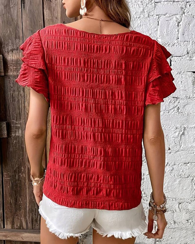 Tiered Ruffle Sleeve Textured Boxy Top - Blue - 3