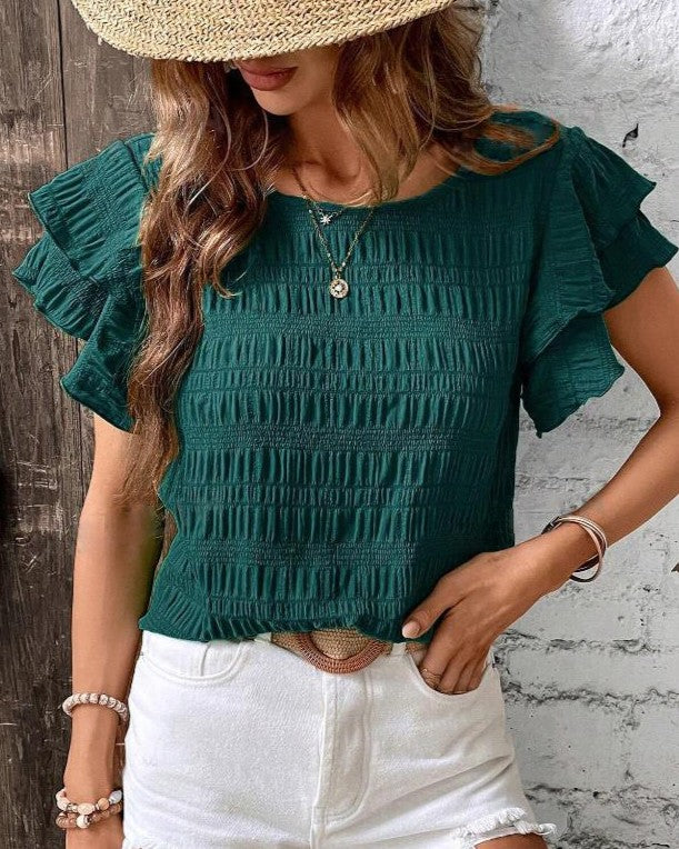 Tiered Ruffle Sleeve Textured Boxy Top - Green_2