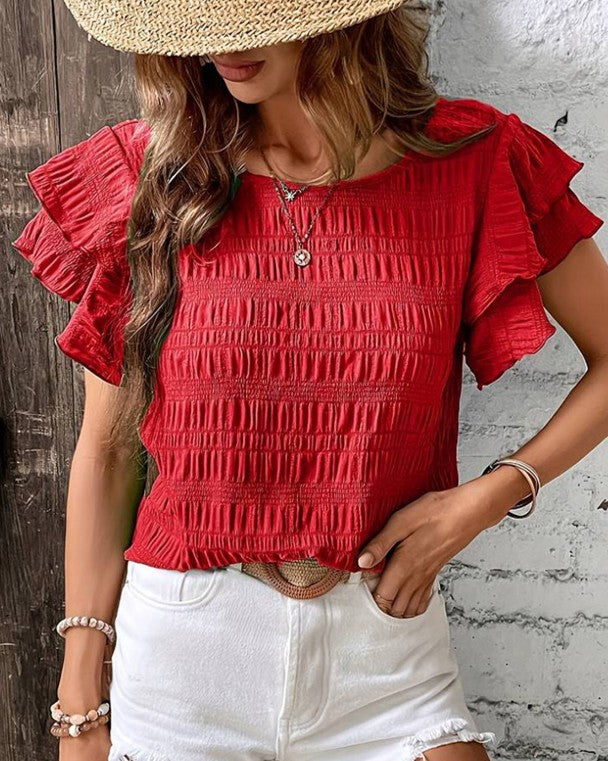 Tiered Ruffle Sleeve Textured Boxy Top - Red