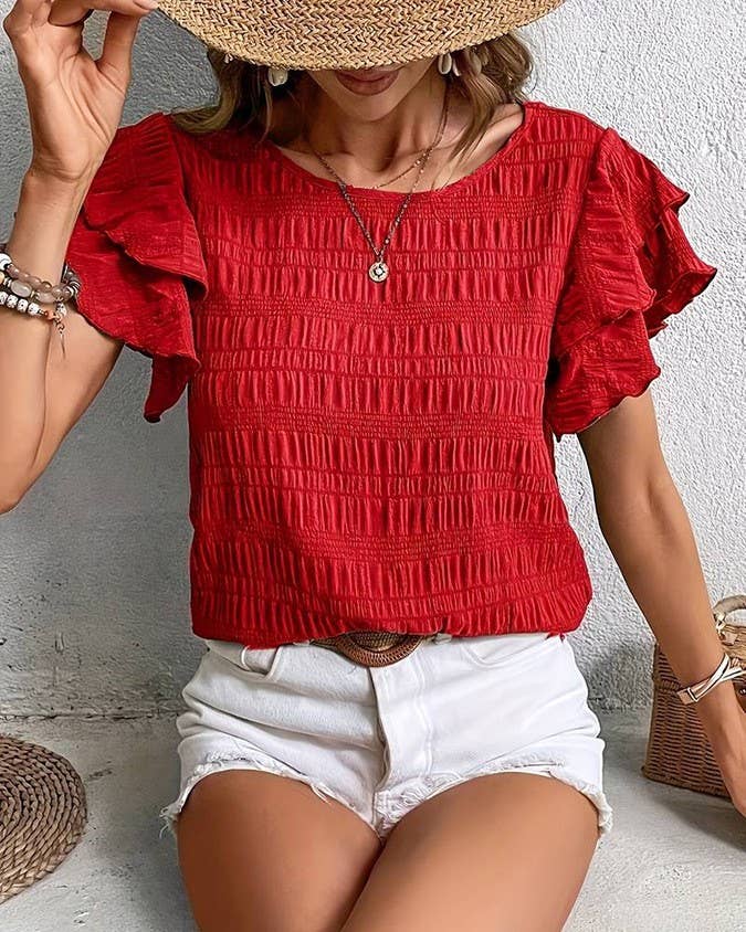 Tiered Ruffle Sleeve Textured Boxy Top