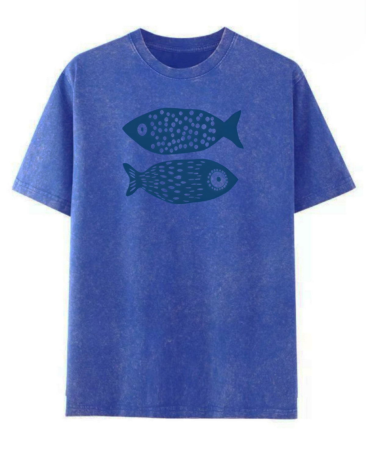 Faded Wash Fish Graphic Crew Neck Tee - Blue