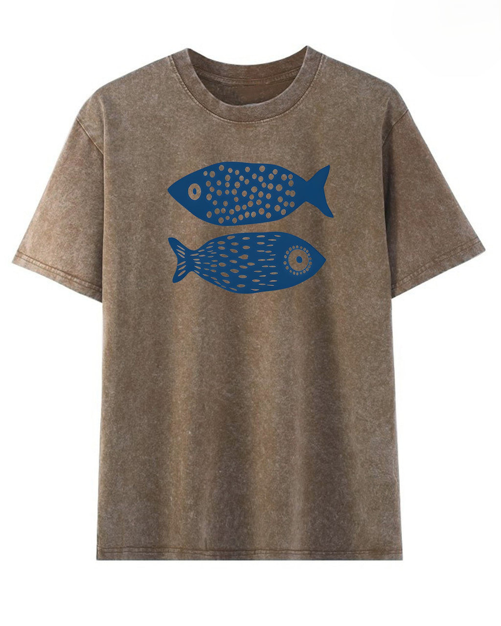 Faded Wash Fish Graphic Crew Neck Tee - Coffee