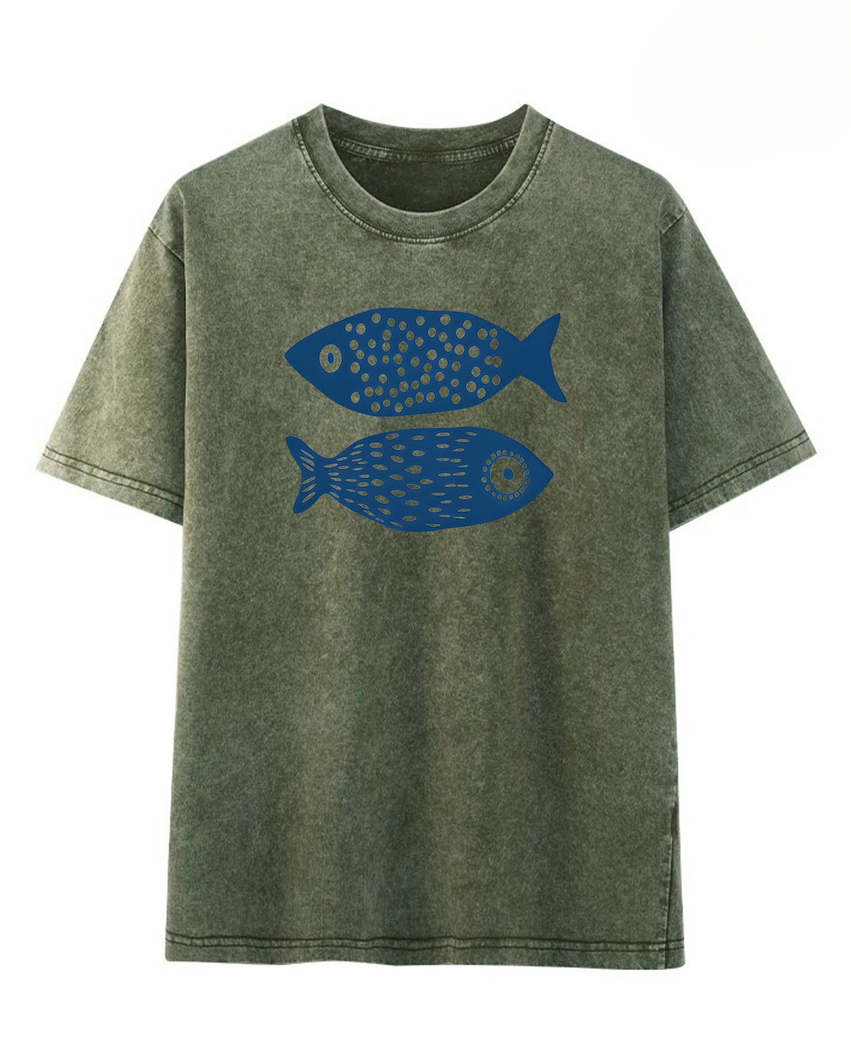 Faded Wash Fish Graphic Crew Neck Tee - Green